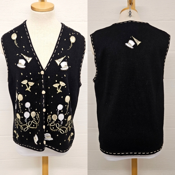 Sweaters - Embroidered 90s NYE Knit Sweater Vest Cardigan in Black with Silver & Gold Sz Lg